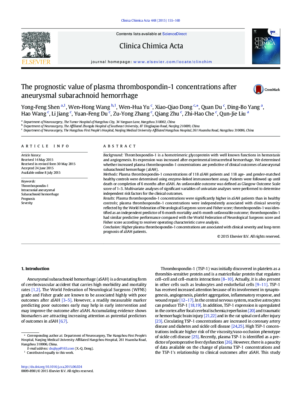 The prognostic value of plasma thrombospondin-1 concentrations after aneurysmal subarachnoid hemorrhage