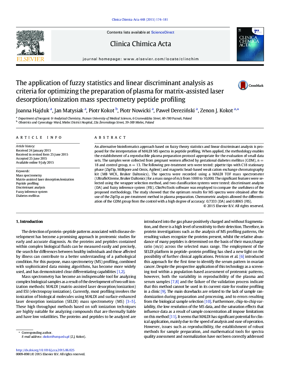 The application of fuzzy statistics and linear discriminant analysis as criteria for optimizing the preparation of plasma for matrix-assisted laser desorption/ionization mass spectrometry peptide profiling