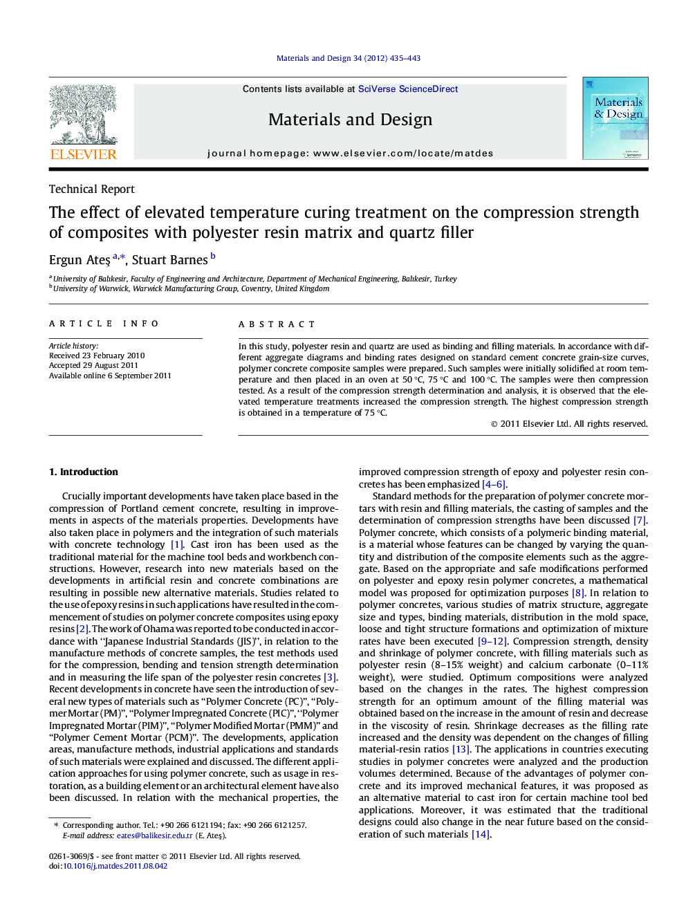 The effect of elevated temperature curing treatment on the compression strength of composites with polyester resin matrix and quartz filler