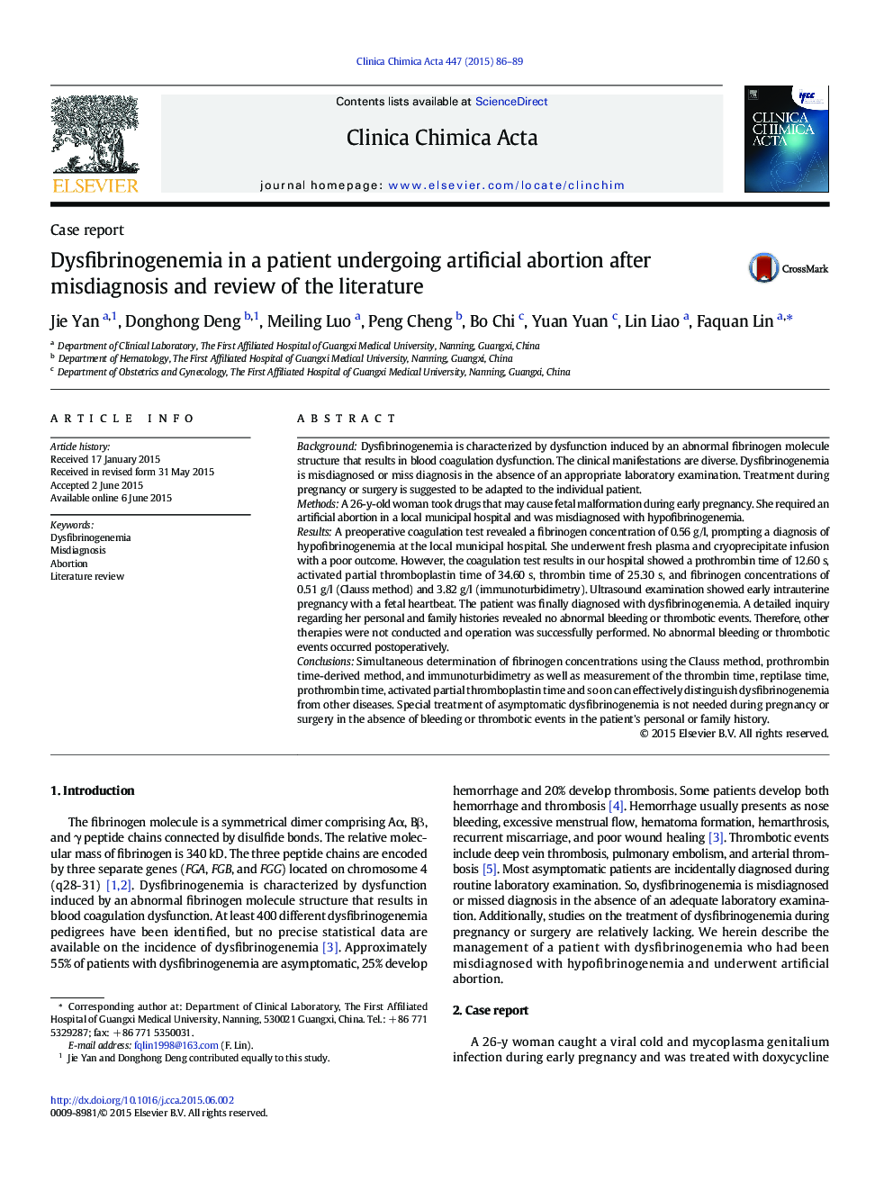 Dysfibrinogenemia in a patient undergoing artificial abortion after misdiagnosis and review of the literature