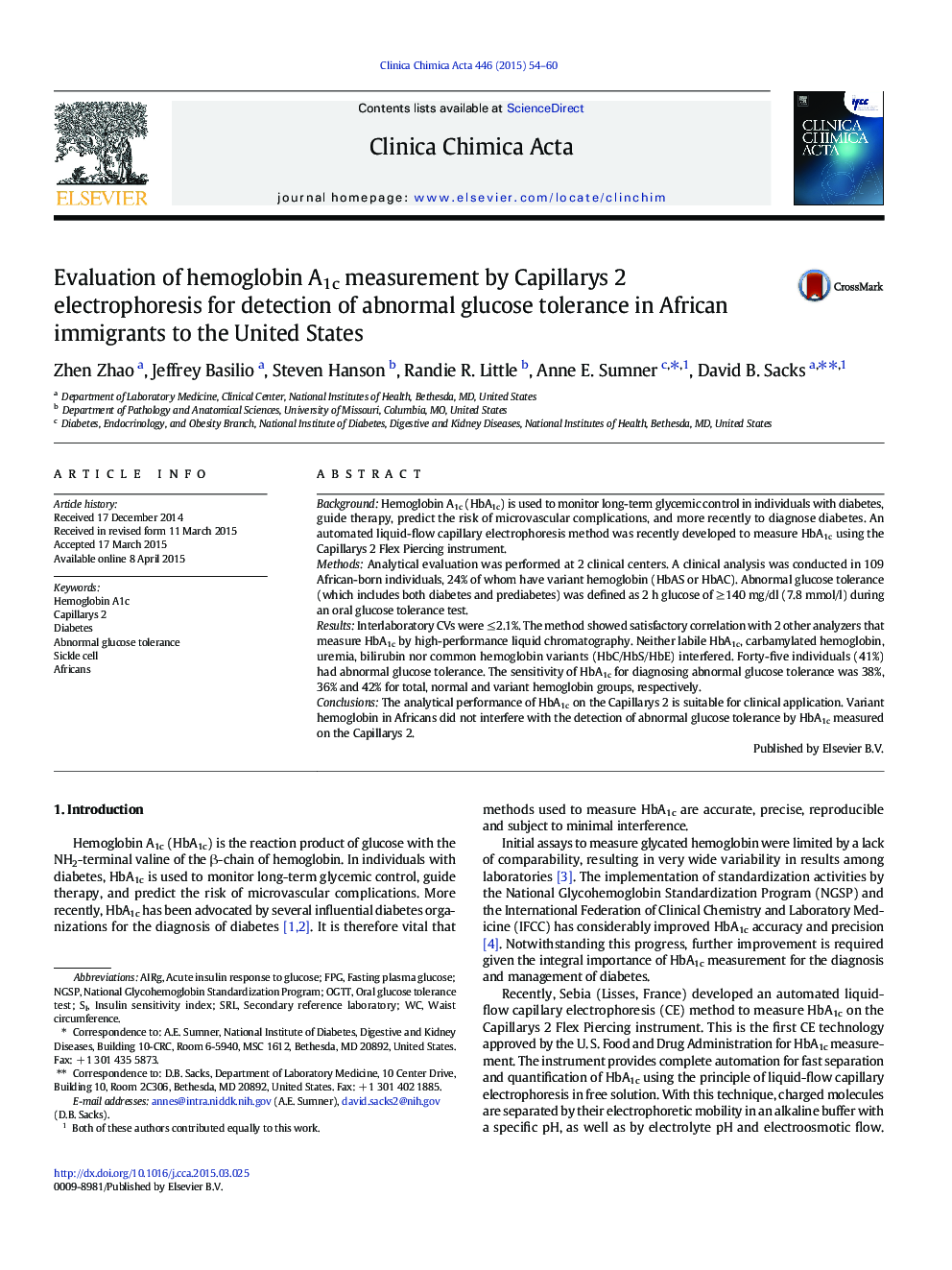 Evaluation of hemoglobin A1c measurement by Capillarys 2 electrophoresis for detection of abnormal glucose tolerance in African immigrants to the United States