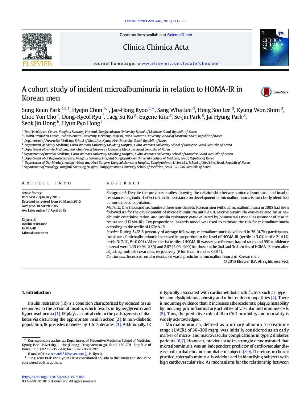 A cohort study of incident microalbuminuria in relation to HOMA-IR in Korean men