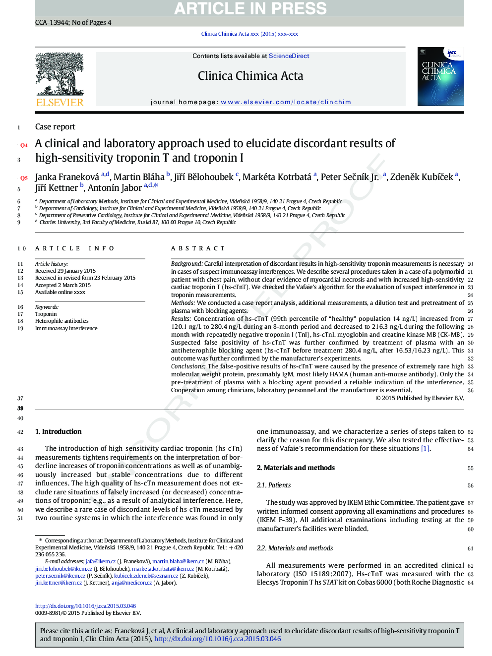 A clinical and laboratory approach used to elucidate discordant results of high-sensitivity troponin T and troponin I