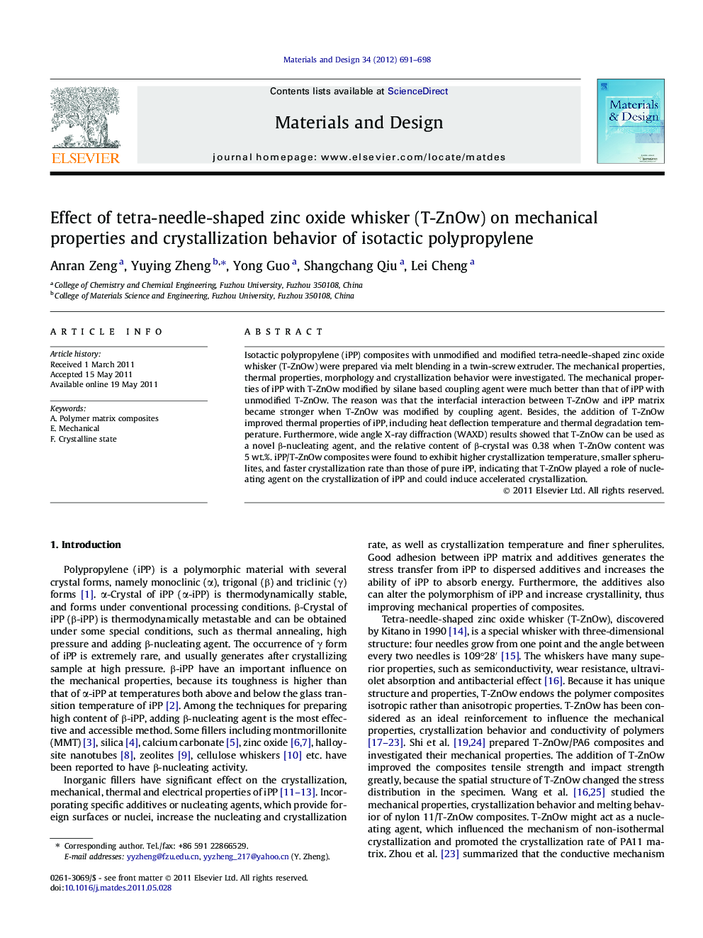 Effect of tetra-needle-shaped zinc oxide whisker (T-ZnOw) on mechanical properties and crystallization behavior of isotactic polypropylene