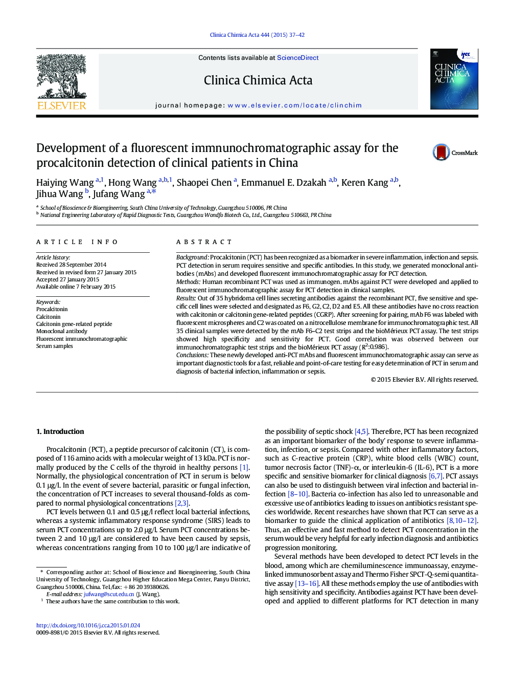 Development of a fluorescent immnunochromatographic assay for the procalcitonin detection of clinical patients in China