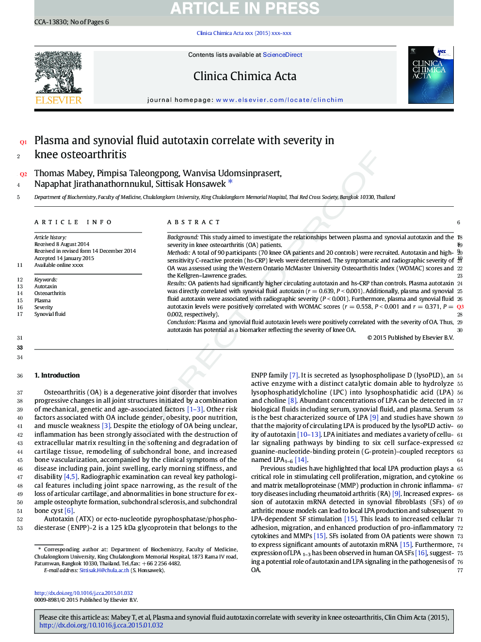 Plasma and synovial fluid autotaxin correlate with severity in knee osteoarthritis