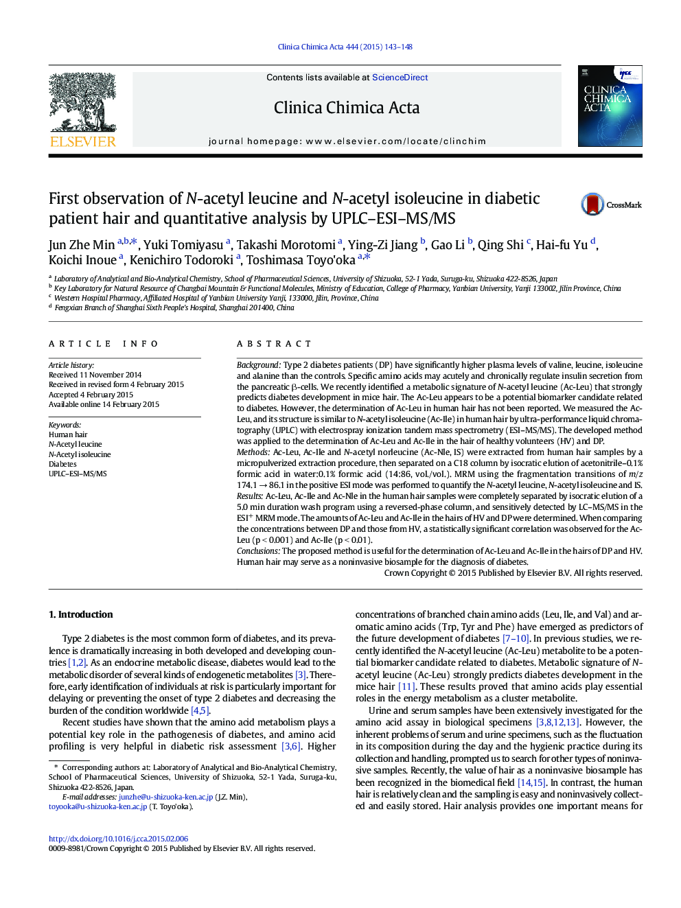 First observation of N-acetyl leucine and N-acetyl isoleucine in diabetic patient hair and quantitative analysis by UPLC-ESI-MS/MS