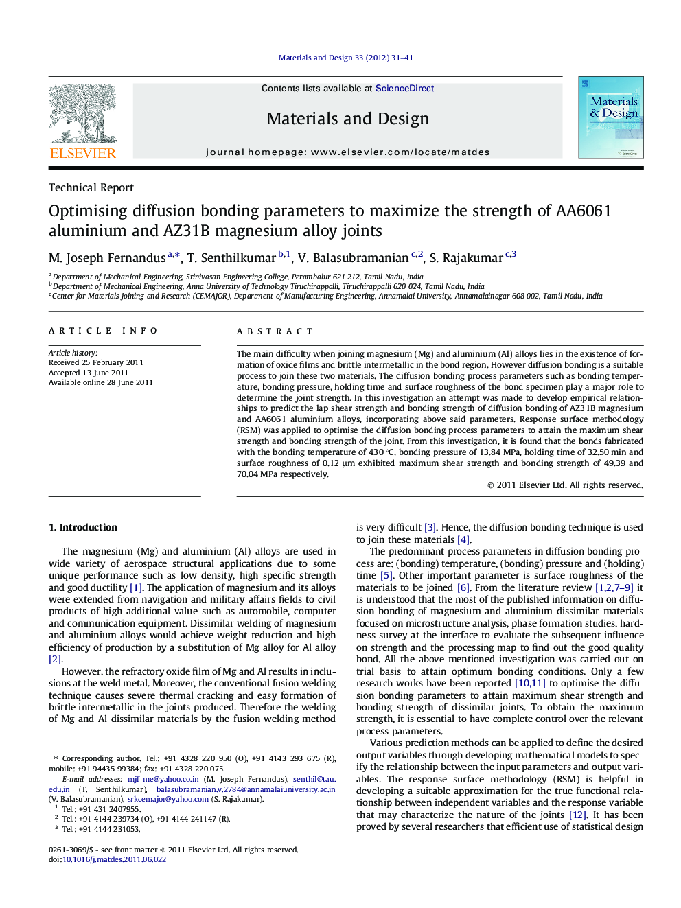 Optimising diffusion bonding parameters to maximize the strength of AA6061 aluminium and AZ31B magnesium alloy joints