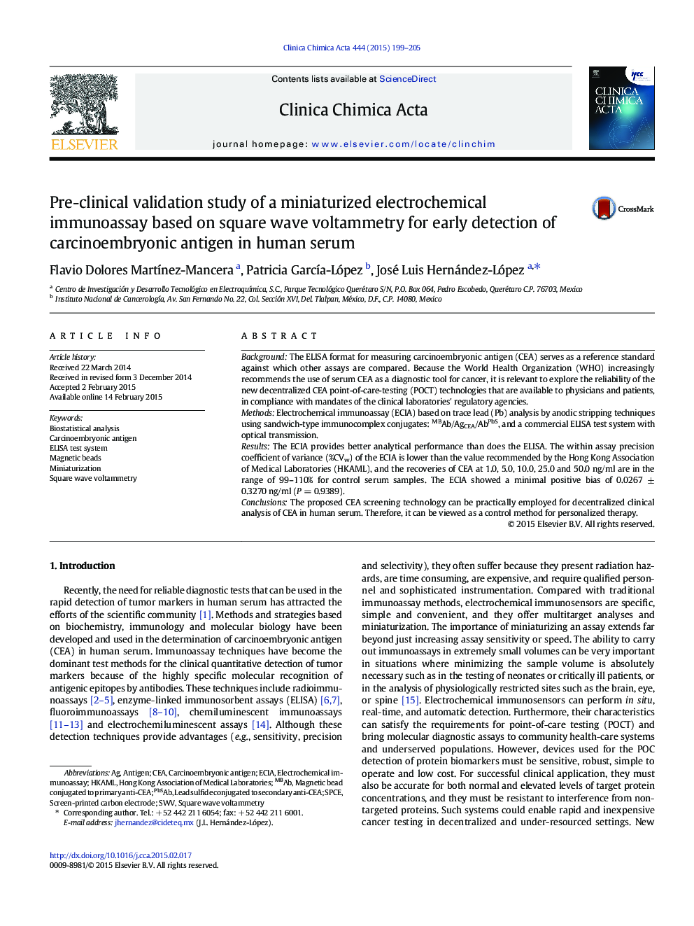 Pre-clinical validation study of a miniaturized electrochemical immunoassay based on square wave voltammetry for early detection of carcinoembryonic antigen in human serum