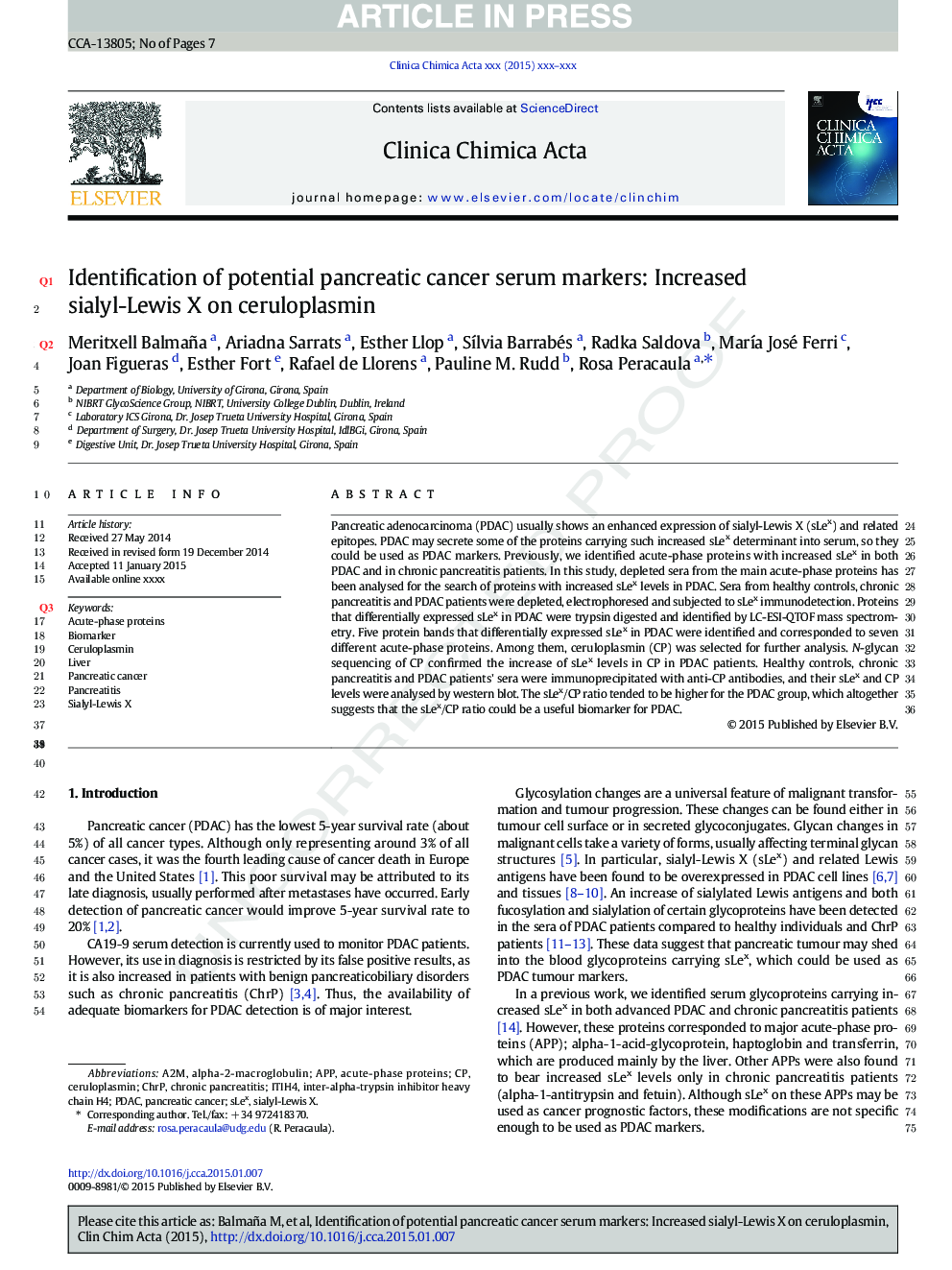 Identification of potential pancreatic cancer serum markers: Increased sialyl-Lewis X on ceruloplasmin