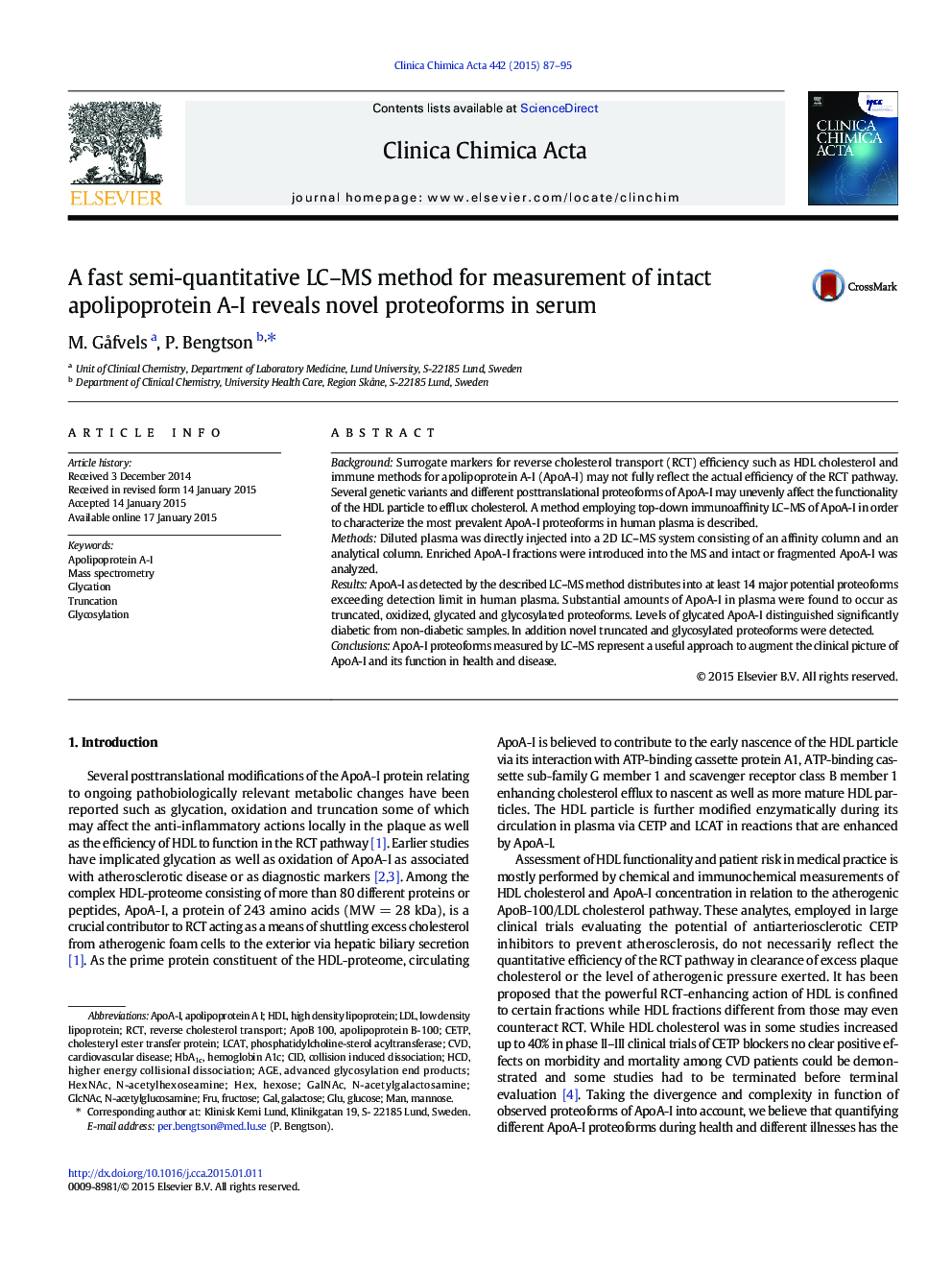 A fast semi-quantitative LC-MS method for measurement of intact apolipoprotein A-I reveals novel proteoforms in serum