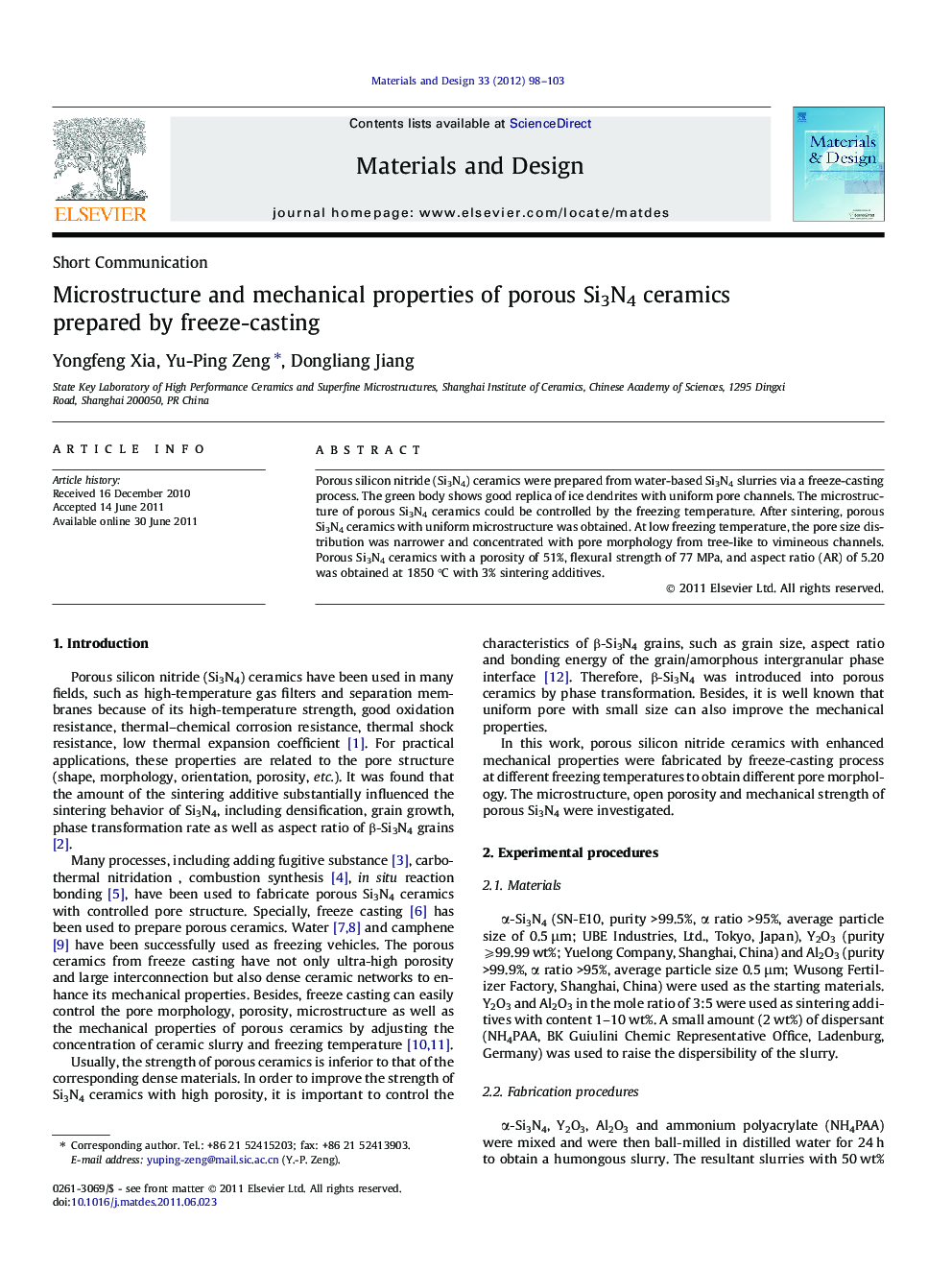 Microstructure and mechanical properties of porous Si3N4 ceramics prepared by freeze-casting