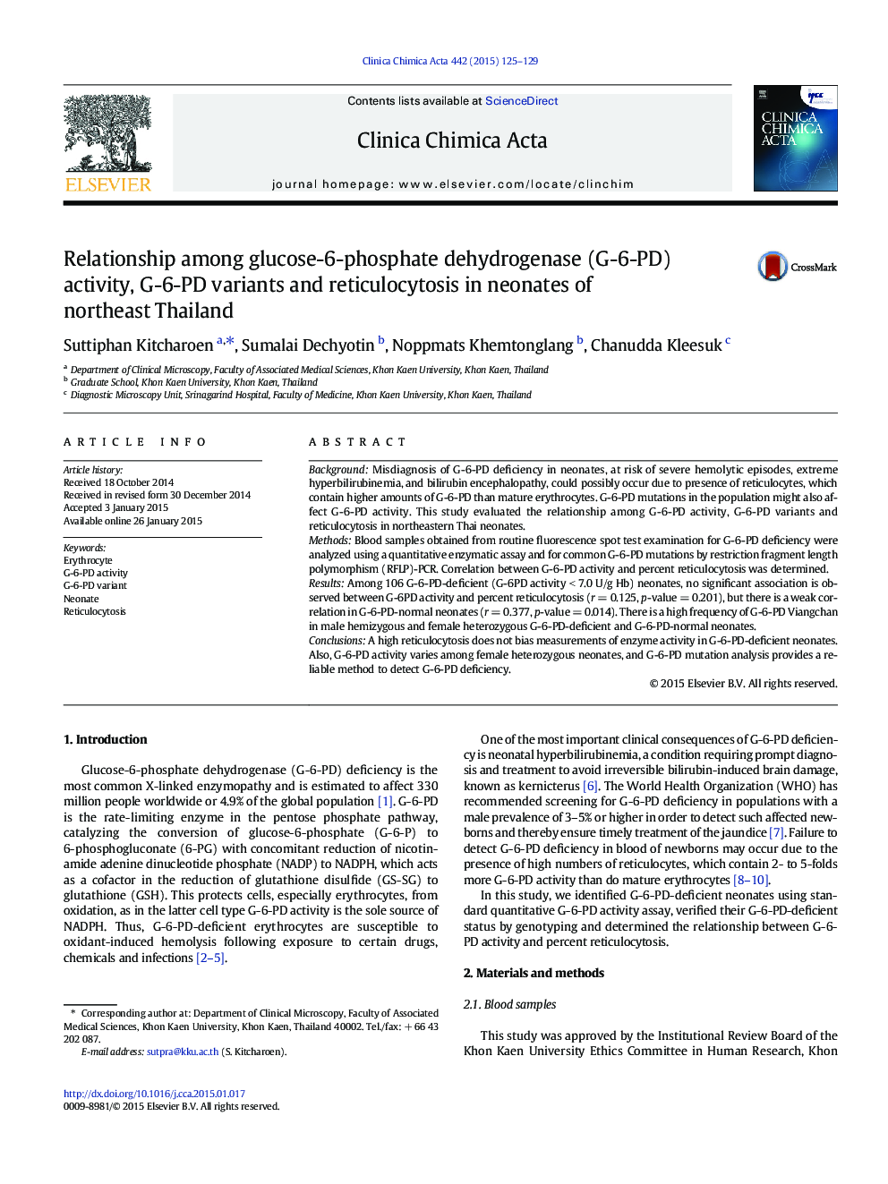 Relationship among glucose-6-phosphate dehydrogenase (G-6-PD) activity, G-6-PD variants and reticulocytosis in neonates of northeast Thailand