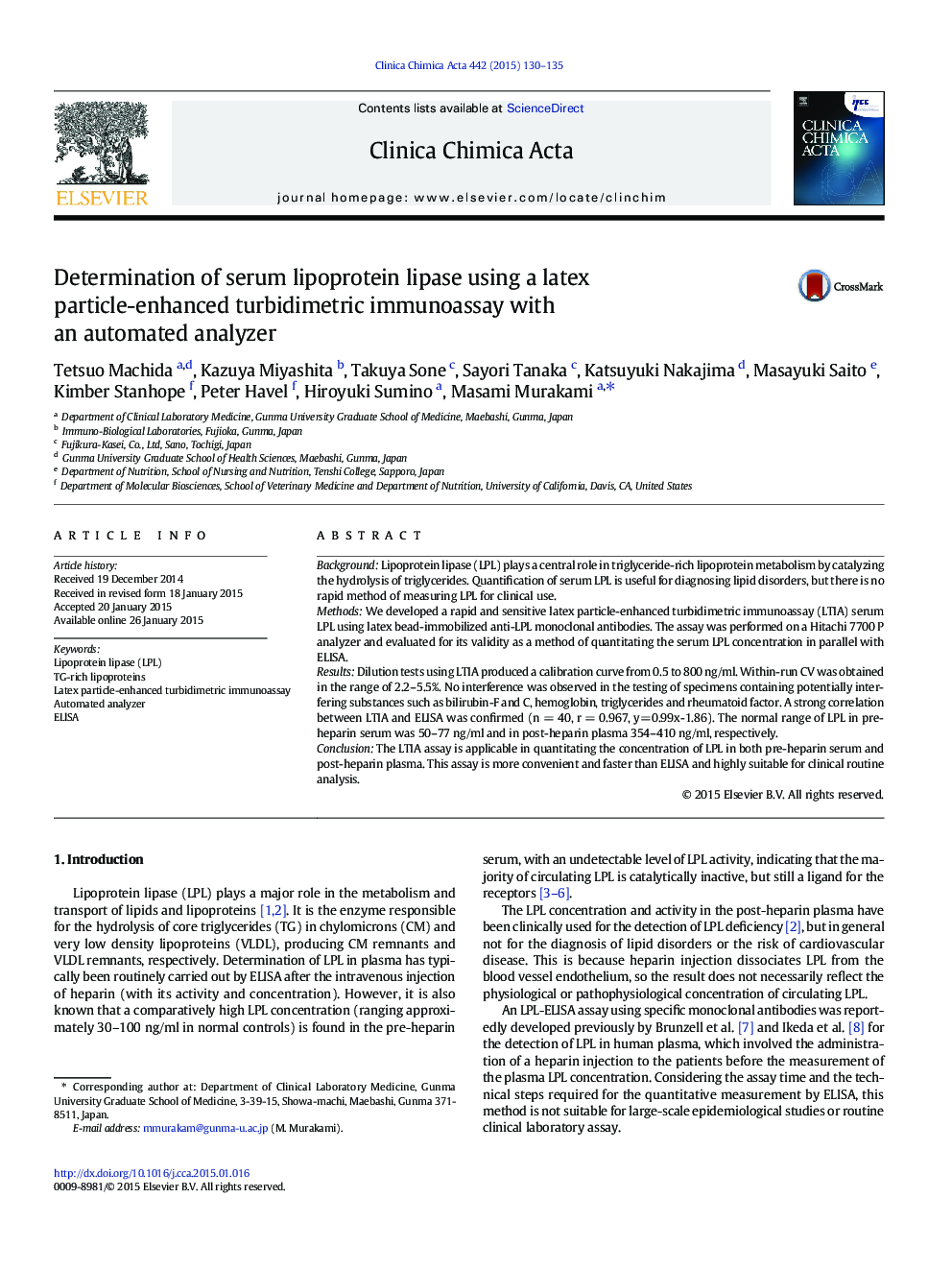 Determination of serum lipoprotein lipase using a latex particle-enhanced turbidimetric immunoassay with an automated analyzer