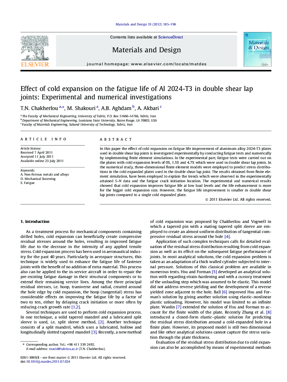 Effect of cold expansion on the fatigue life of Al 2024-T3 in double shear lap joints: Experimental and numerical investigations