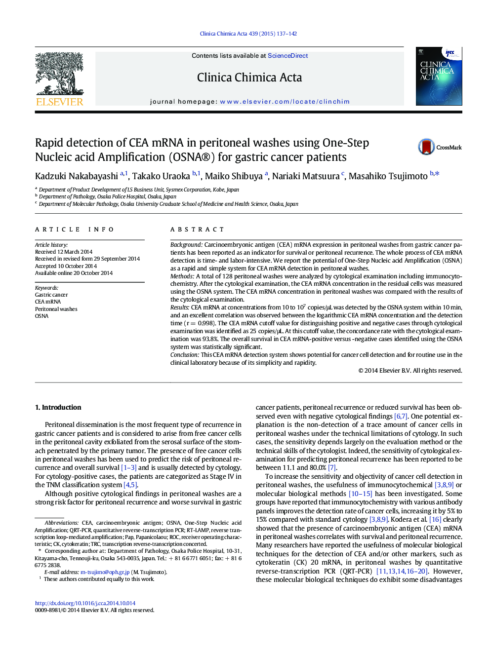 Rapid detection of CEA mRNA in peritoneal washes using One-Step Nucleic acid Amplification (OSNA®) for gastric cancer patients