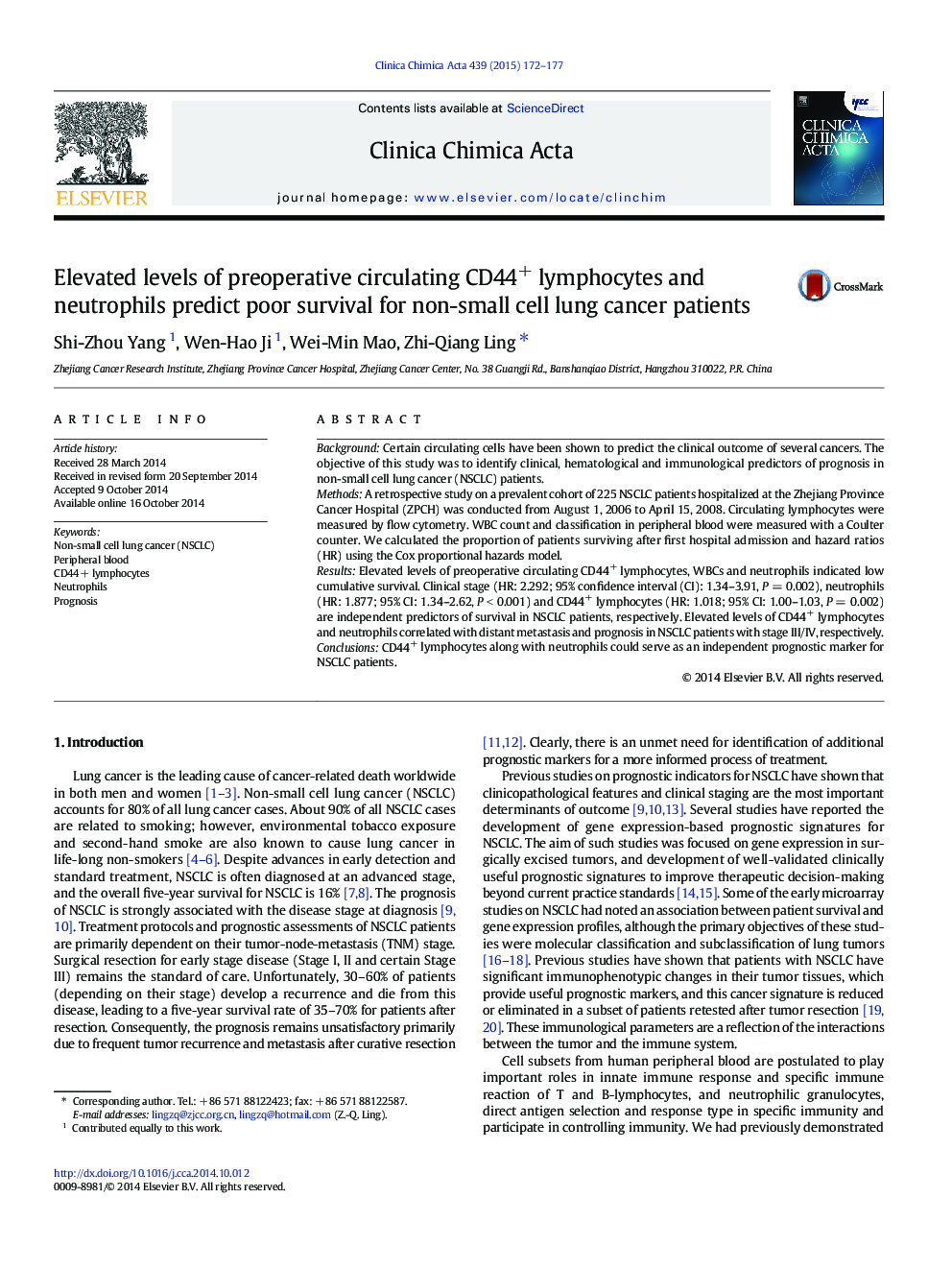 Elevated levels of preoperative circulating CD44+ lymphocytes and neutrophils predict poor survival for non-small cell lung cancer patients