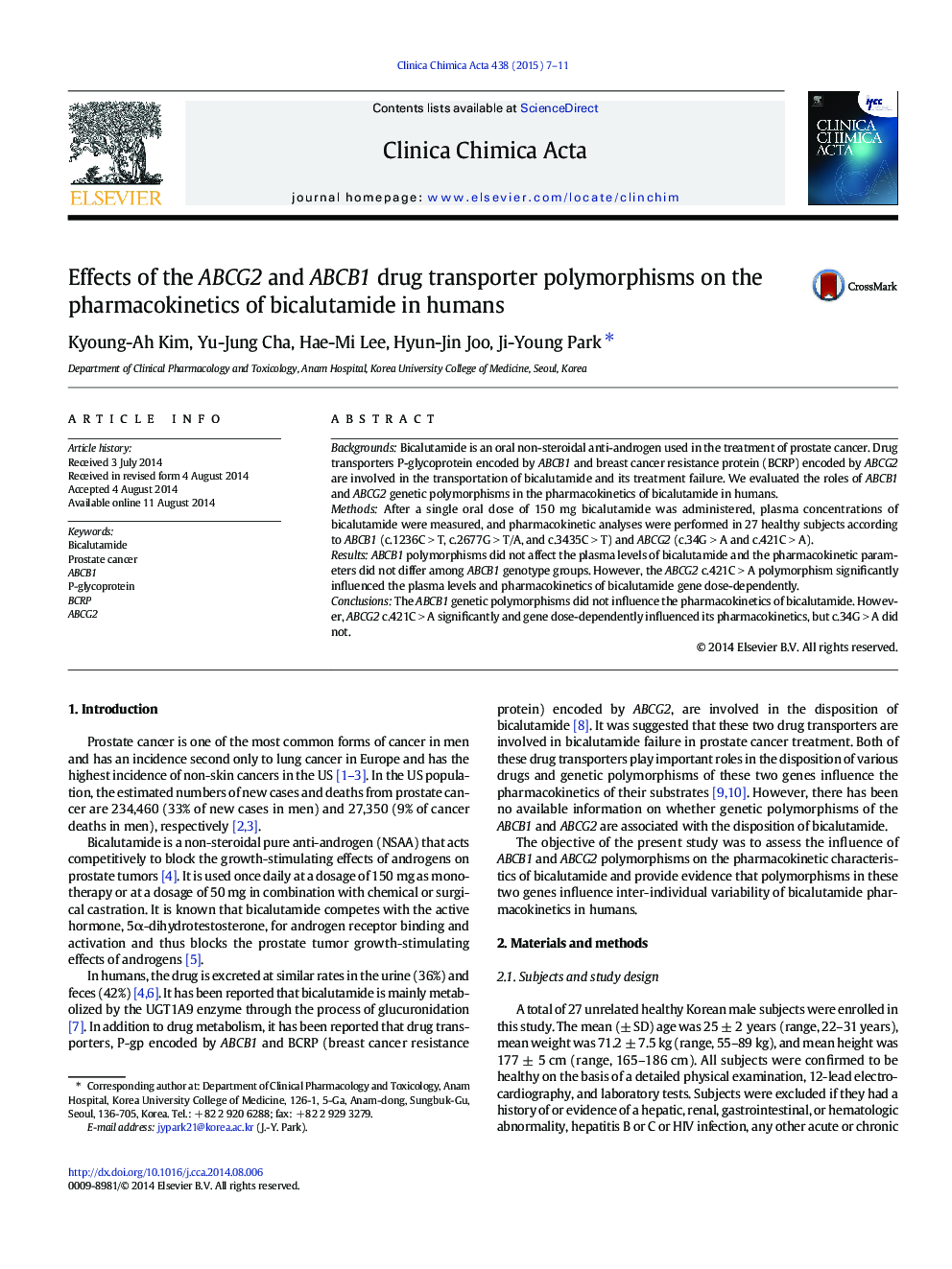 Effects of the ABCG2 and ABCB1 drug transporter polymorphisms on the pharmacokinetics of bicalutamide in humans