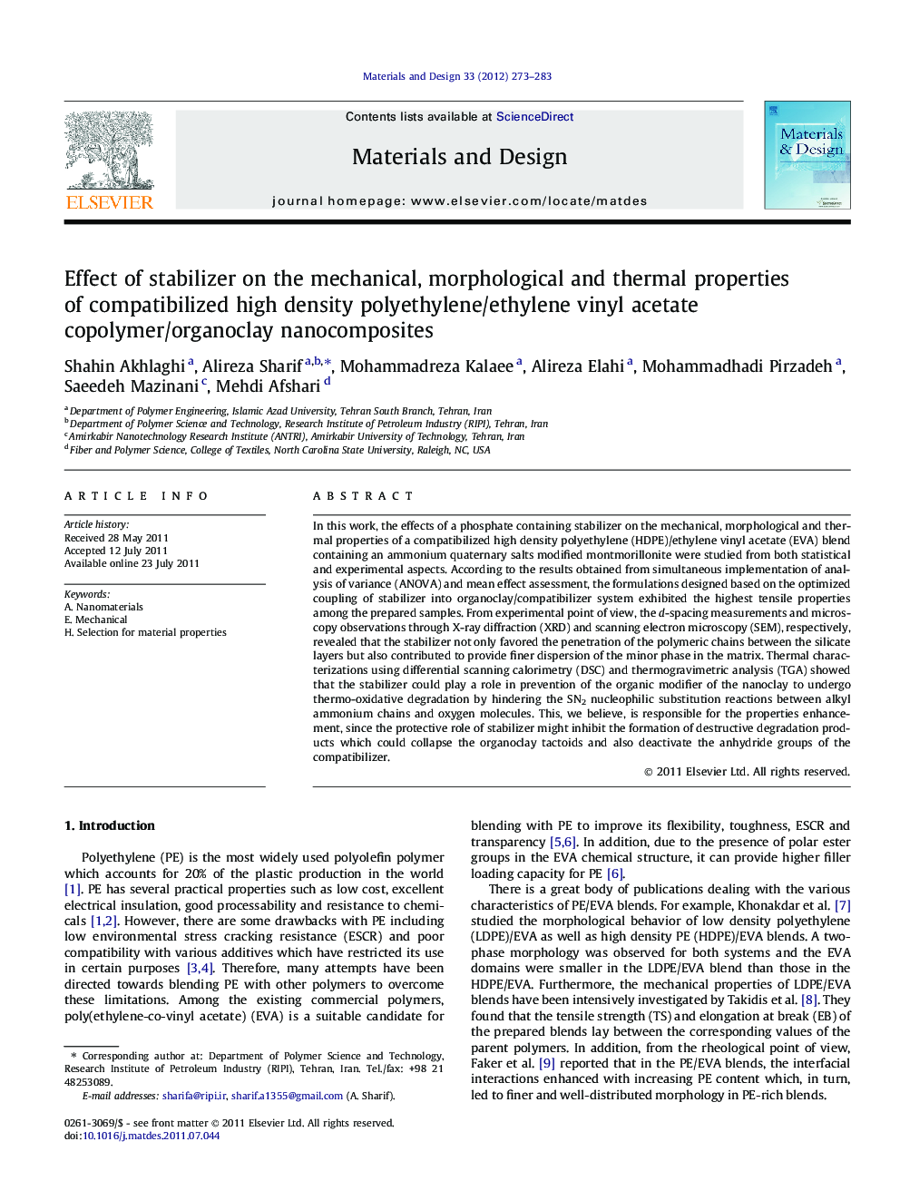 Effect of stabilizer on the mechanical, morphological and thermal properties of compatibilized high density polyethylene/ethylene vinyl acetate copolymer/organoclay nanocomposites