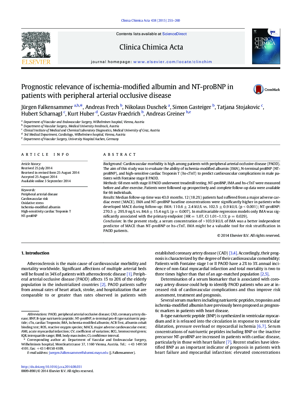 Prognostic relevance of ischemia-modified albumin and NT-proBNP in patients with peripheral arterial occlusive disease