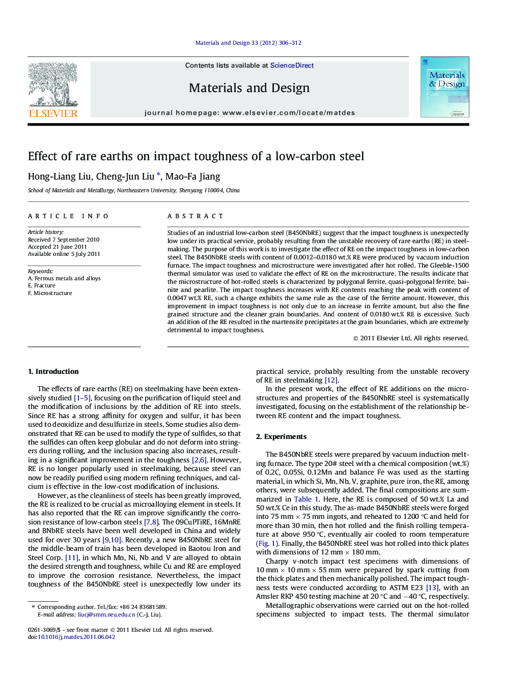 Effect of rare earths on impact toughness of a low-carbon steel