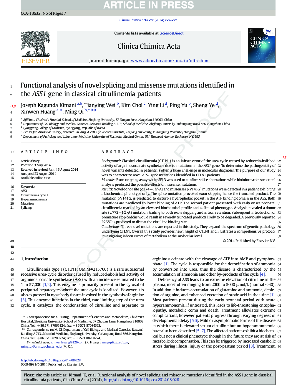 Functional analysis of novel splicing and missense mutations identified in the ASS1 gene in classical citrullinemia patients