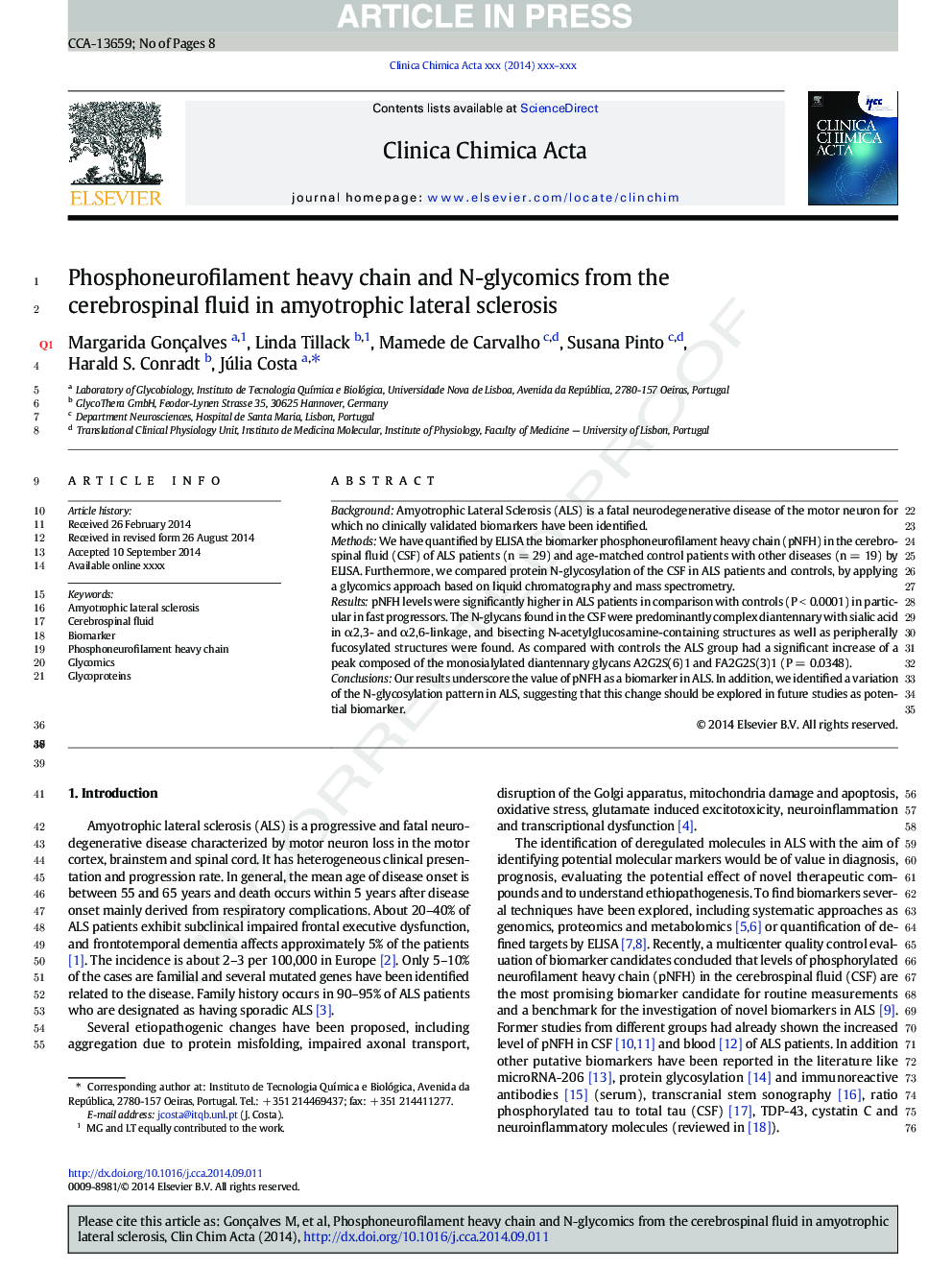 Phosphoneurofilament heavy chain and N-glycomics from the cerebrospinal fluid in amyotrophic lateral sclerosis