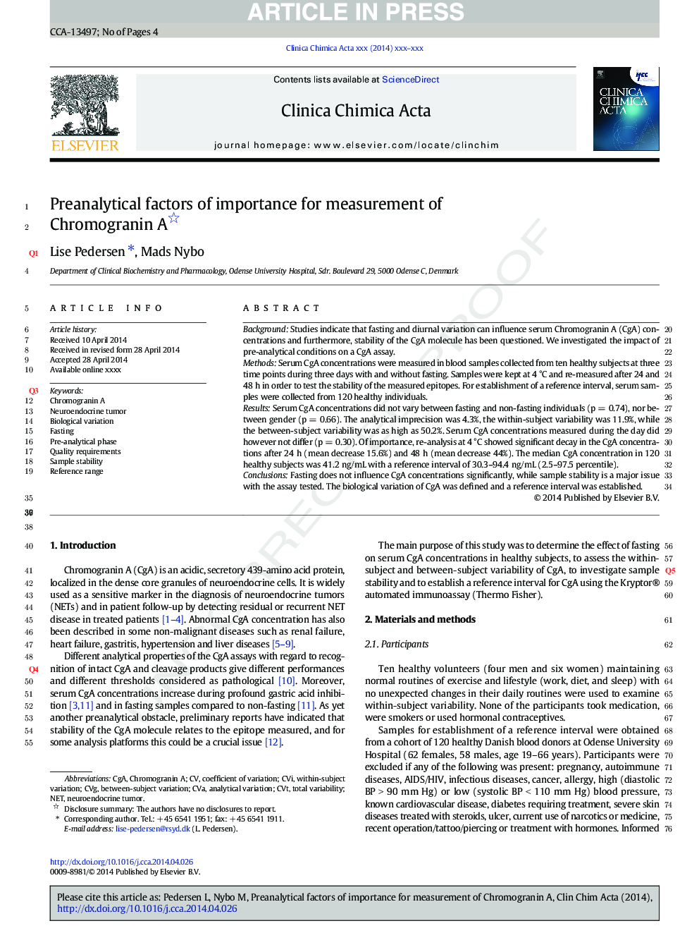Preanalytical factors of importance for measurement of Chromogranin A