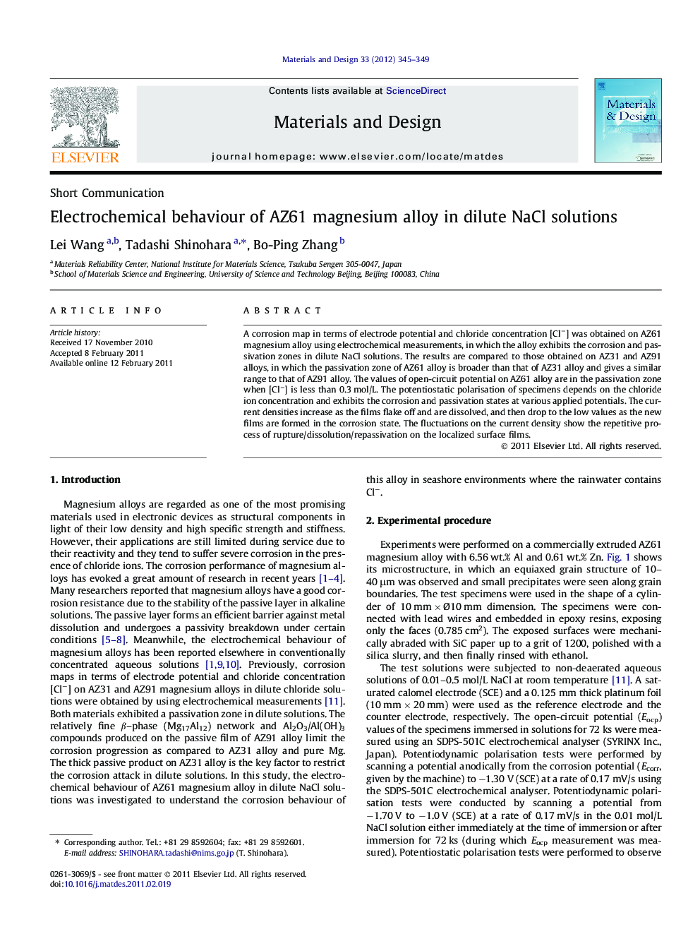 Electrochemical behaviour of AZ61 magnesium alloy in dilute NaCl solutions