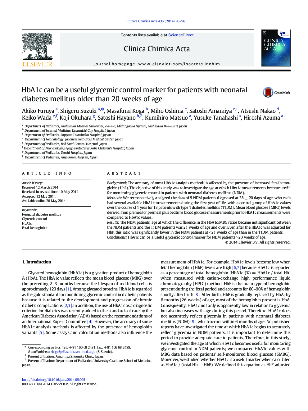 HbA1c can be a useful glycemic control marker for patients with neonatal diabetes mellitus older than 20Â weeks of age