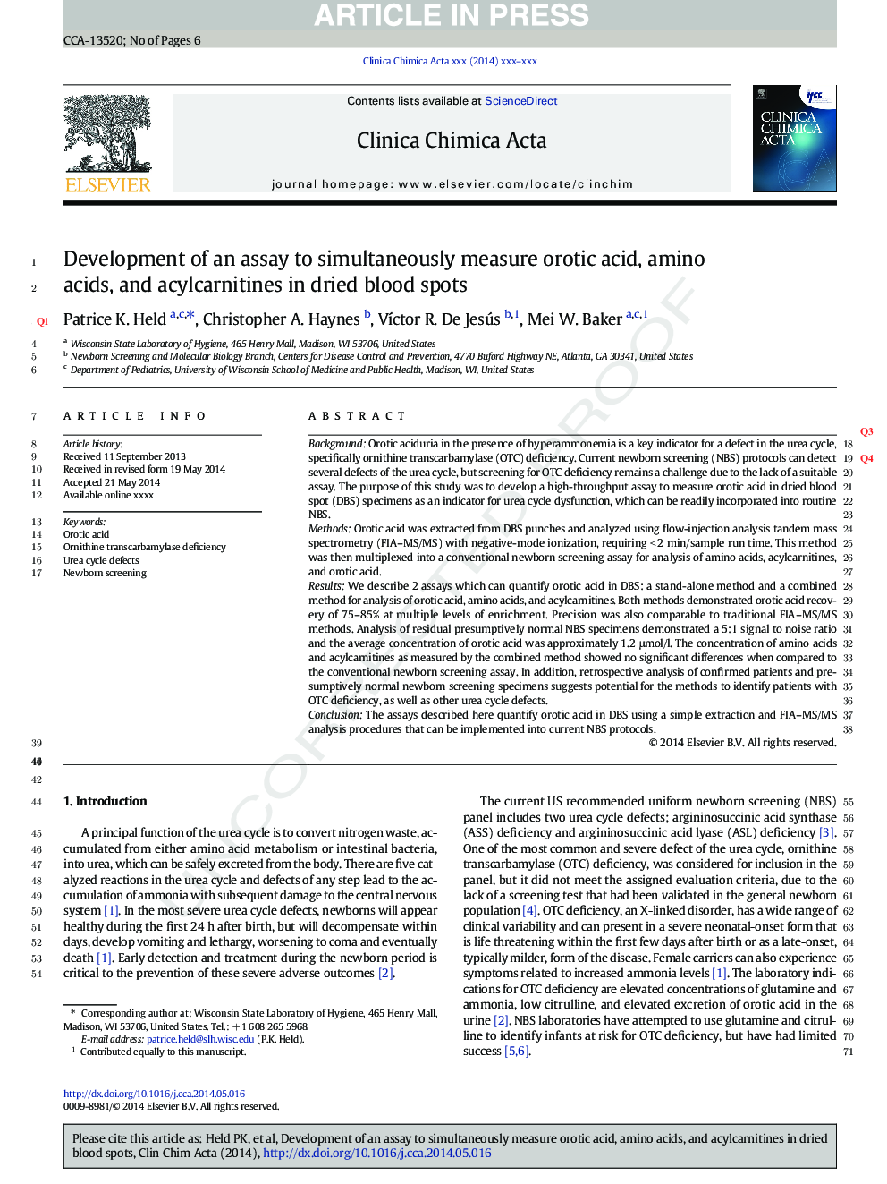 Development of an assay to simultaneously measure orotic acid, amino acids, and acylcarnitines in dried blood spots