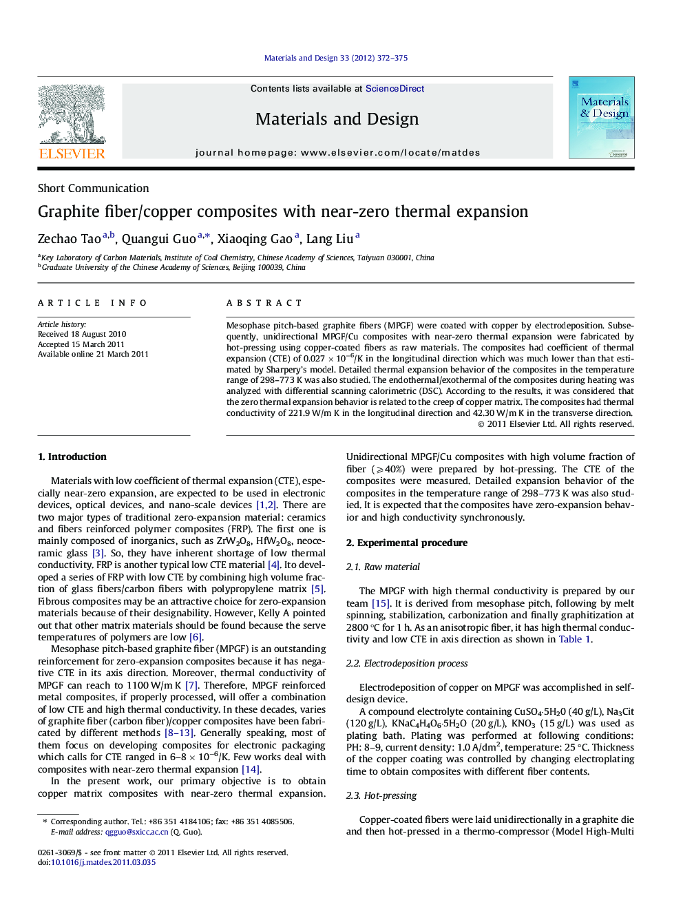 Graphite fiber/copper composites with near-zero thermal expansion