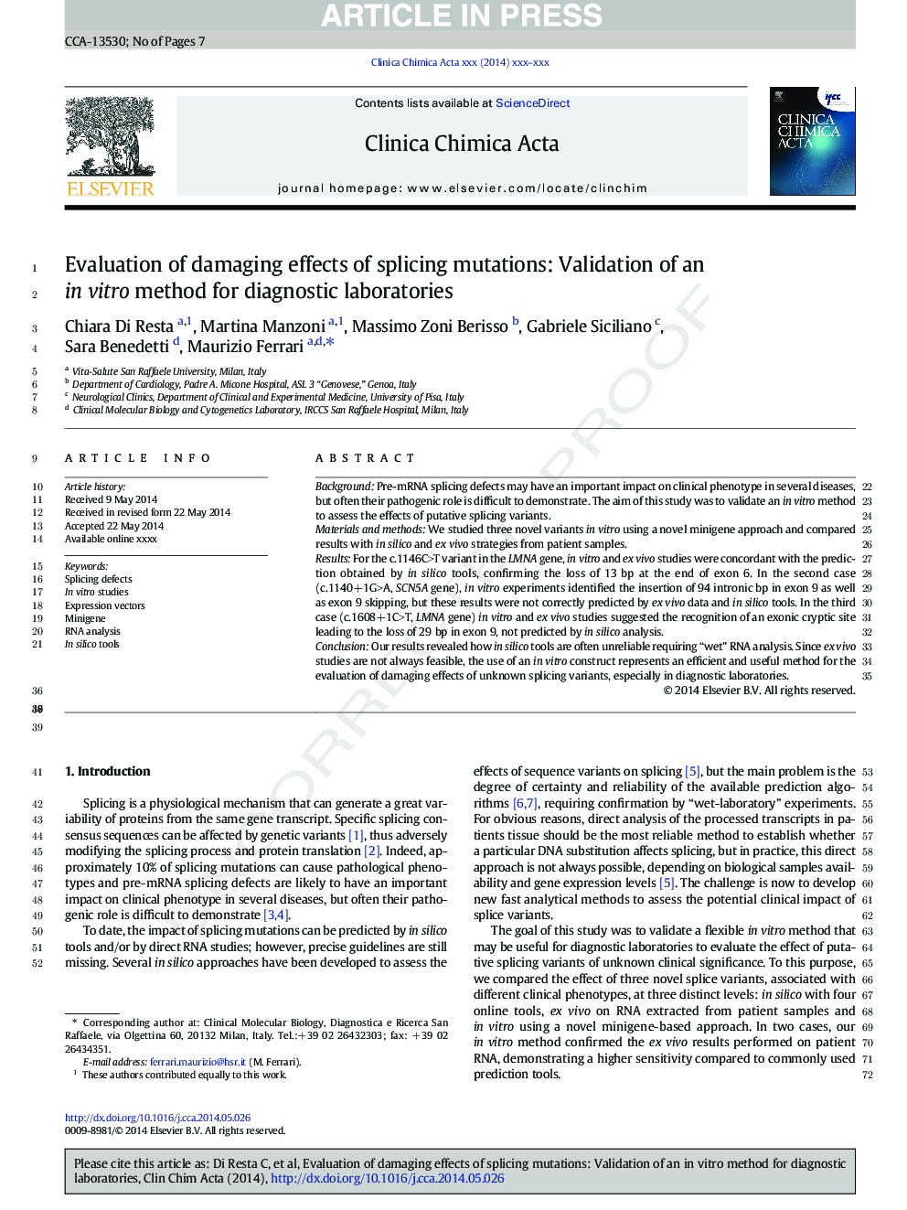 Evaluation of damaging effects of splicing mutations: Validation of an in vitro method for diagnostic laboratories