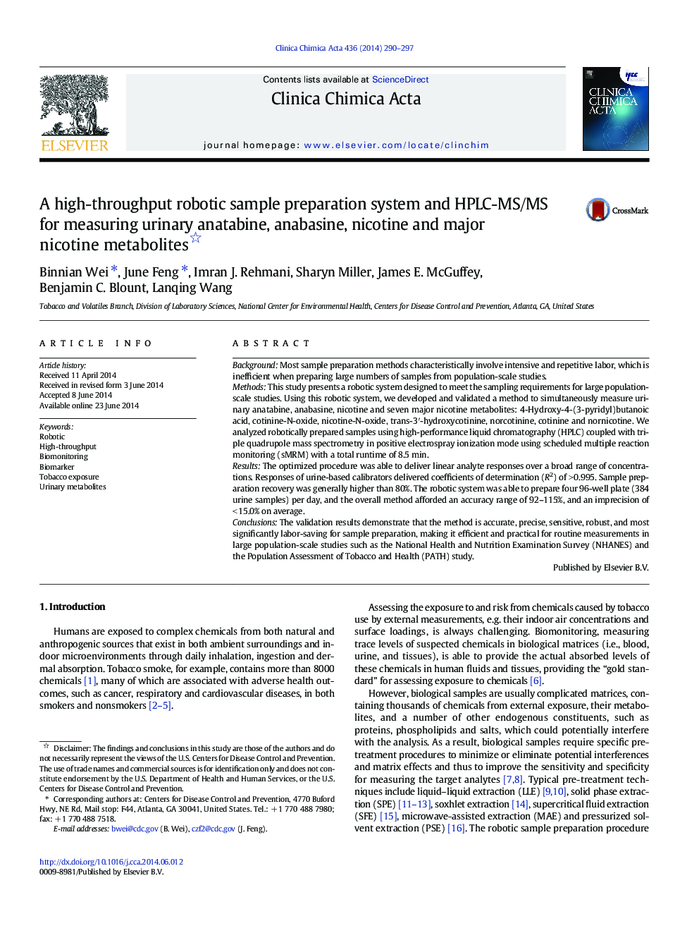A high-throughput robotic sample preparation system and HPLC-MS/MS for measuring urinary anatabine, anabasine, nicotine and major nicotine metabolites