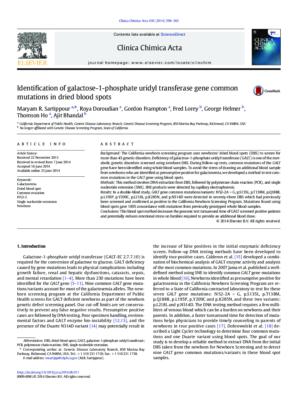 Identification of galactose-1-phosphate uridyl transferase gene common mutations in dried blood spots