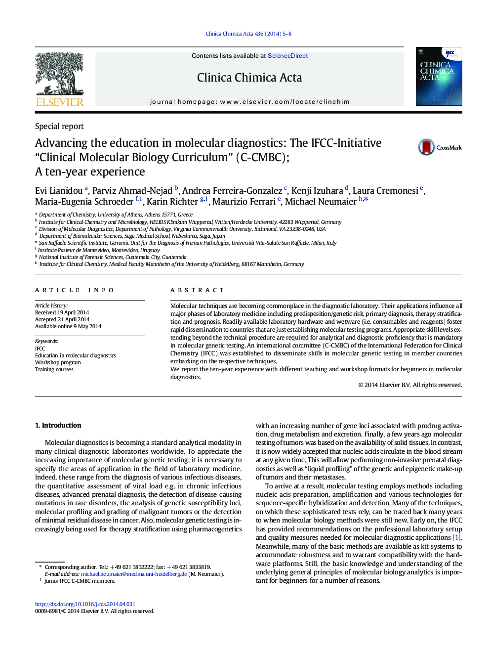 Advancing the education in molecular diagnostics: The IFCC-Initiative “Clinical Molecular Biology Curriculum” (C-CMBC); A ten-year experience