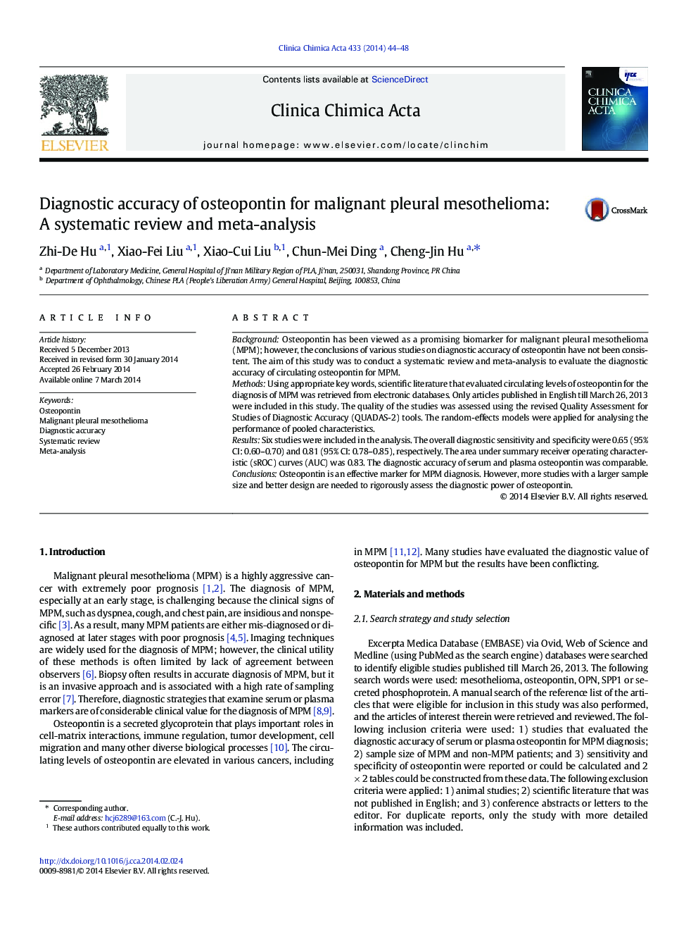 Diagnostic accuracy of osteopontin for malignant pleural mesothelioma: A systematic review and meta-analysis