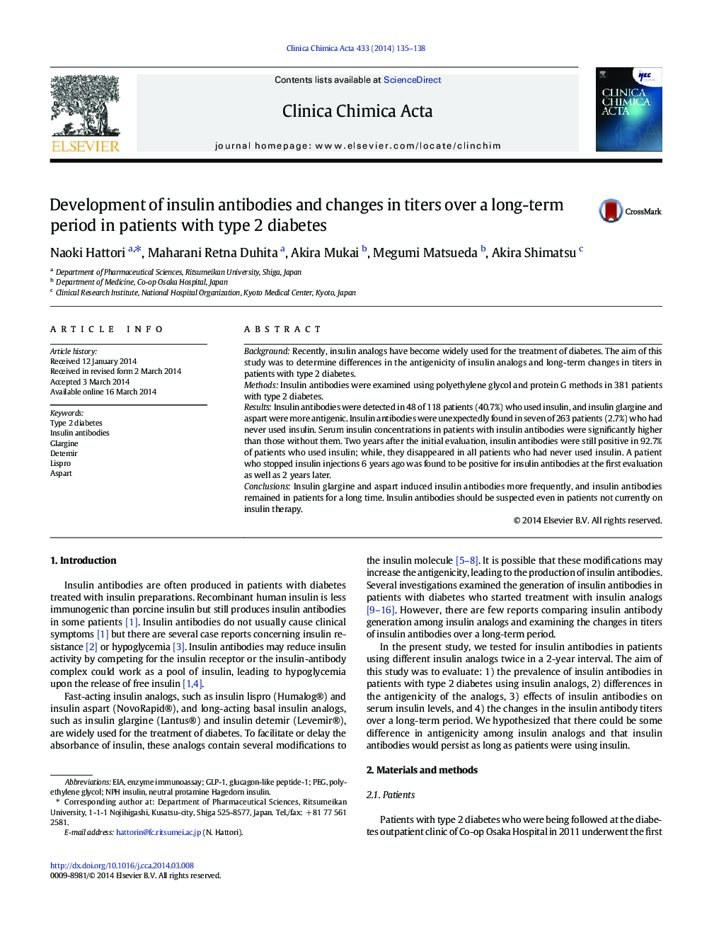 Development of insulin antibodies and changes in titers over a long-term period in patients with type 2 diabetes