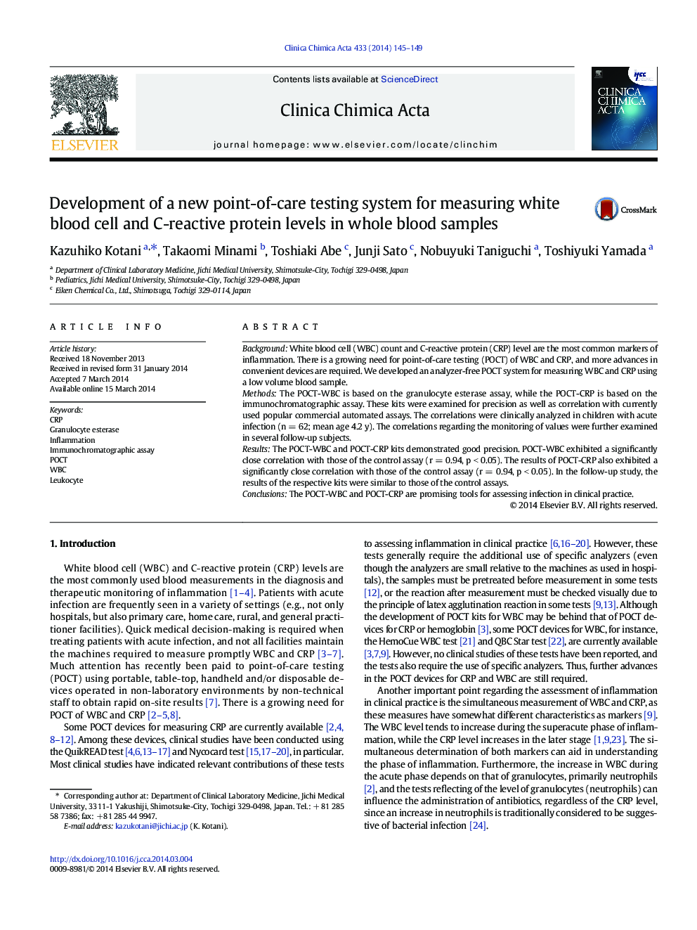 Development of a new point-of-care testing system for measuring white blood cell and C-reactive protein levels in whole blood samples