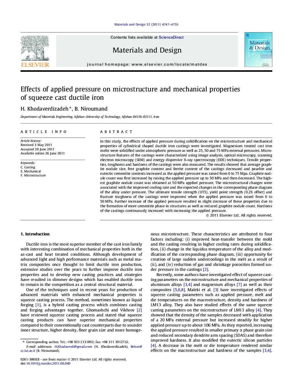 Effects of applied pressure on microstructure and mechanical properties of squeeze cast ductile iron