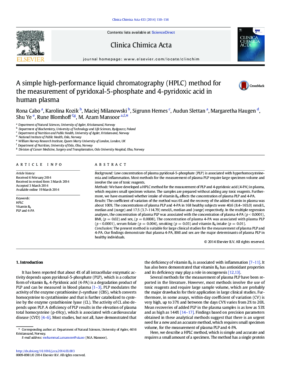 A simple high-performance liquid chromatography (HPLC) method for the measurement of pyridoxal-5-phosphate and 4-pyridoxic acid in human plasma