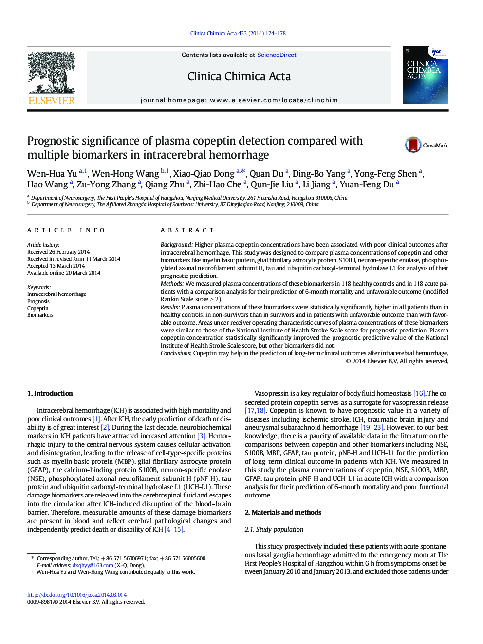 Prognostic significance of plasma copeptin detection compared with multiple biomarkers in intracerebral hemorrhage