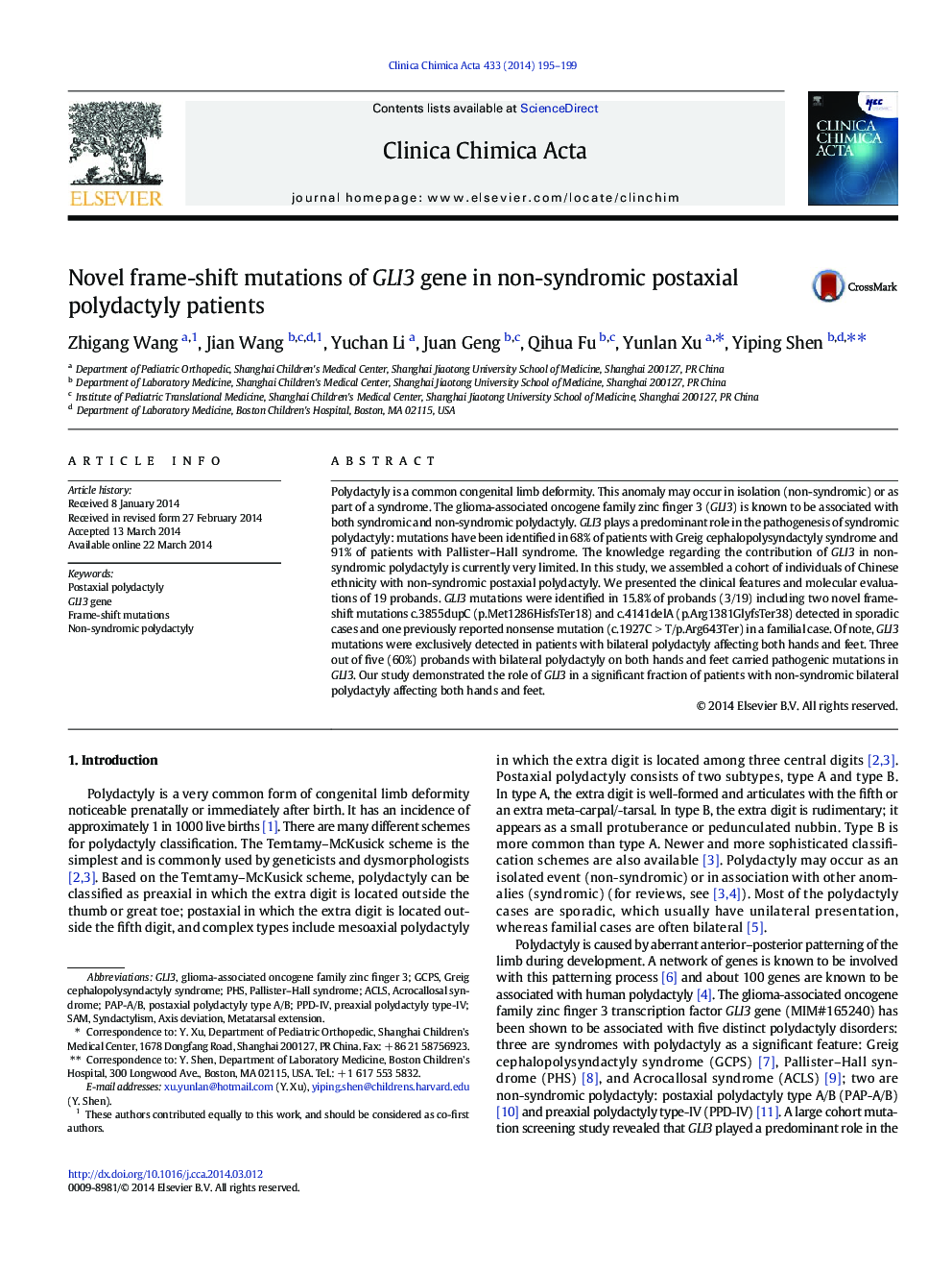 Novel frame-shift mutations of GLI3 gene in non-syndromic postaxial polydactyly patients