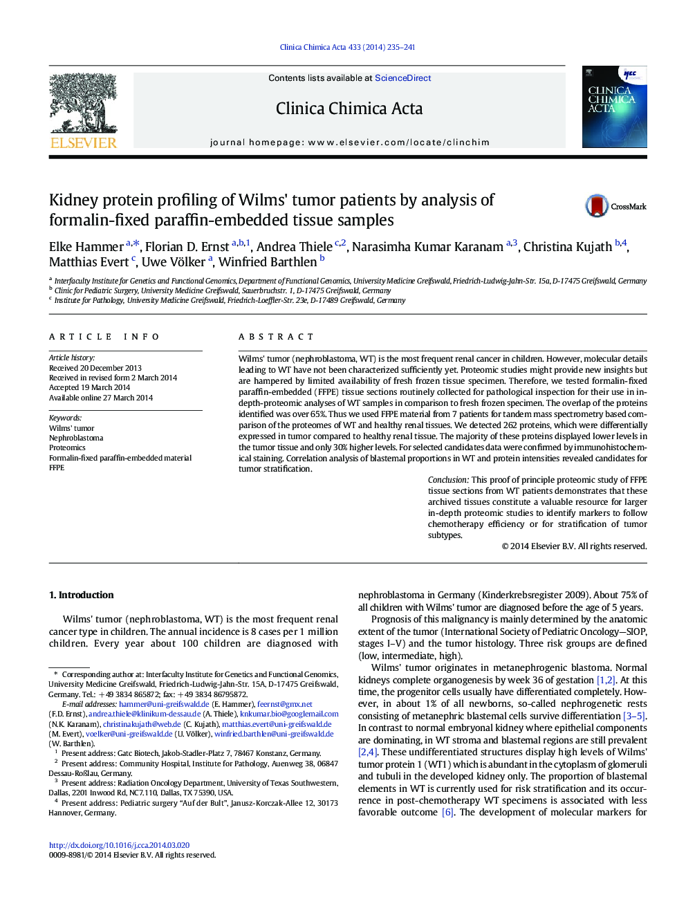 بررسی پروتئین کلیه بیماران تومور ویلمس با تجزیه و تحلیل نمونه های بافتی پارافین ثابت 