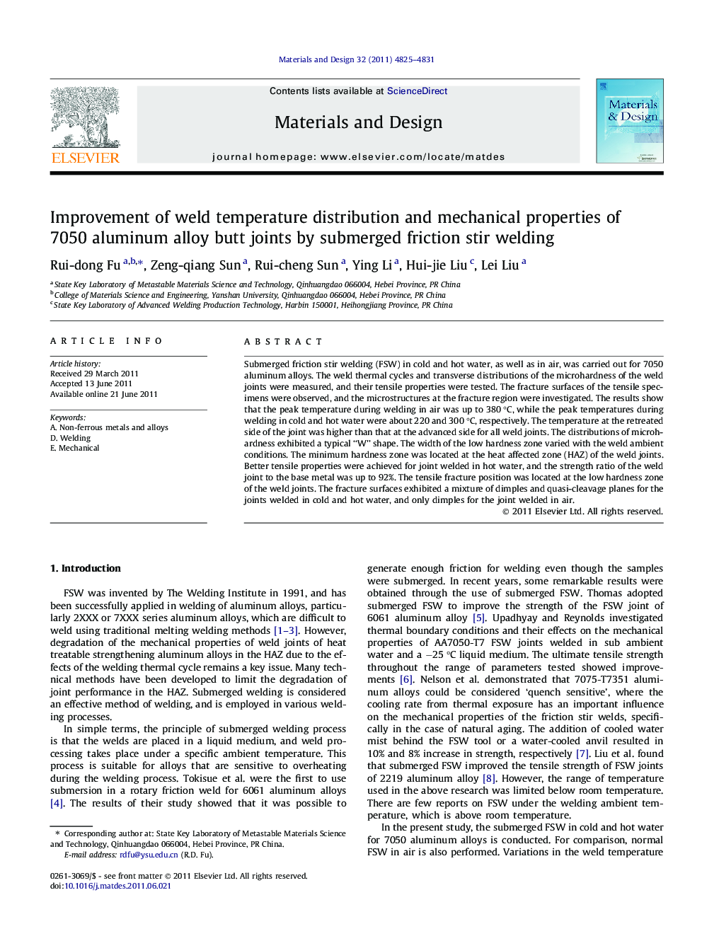Improvement of weld temperature distribution and mechanical properties of 7050 aluminum alloy butt joints by submerged friction stir welding