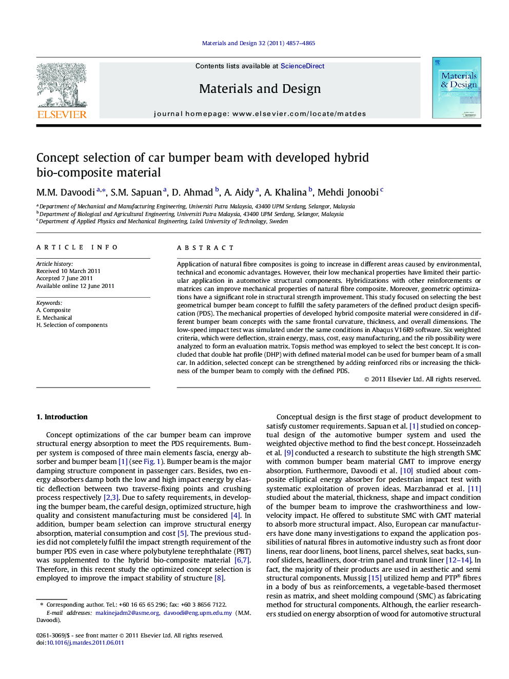 Concept selection of car bumper beam with developed hybrid bio-composite material