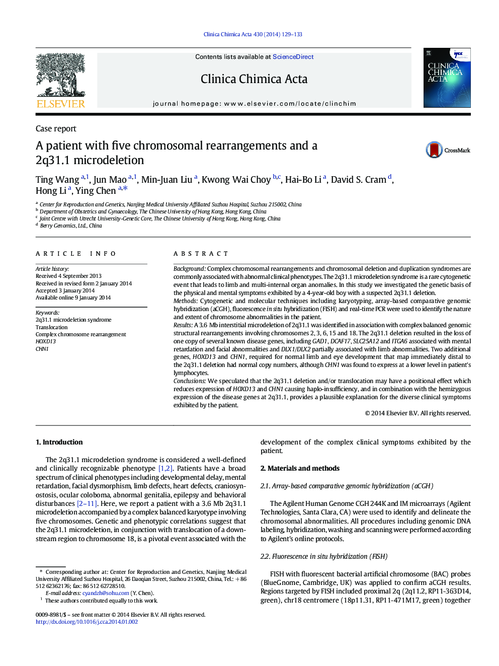 A patient with five chromosomal rearrangements and a 2q31.1 microdeletion