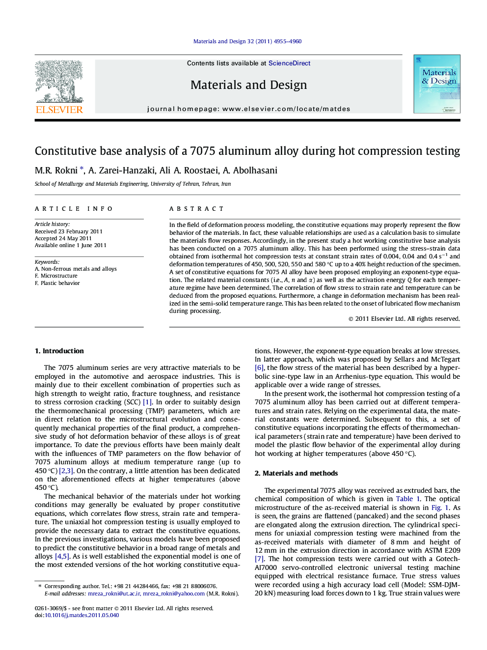 Constitutive base analysis of a 7075 aluminum alloy during hot compression testing