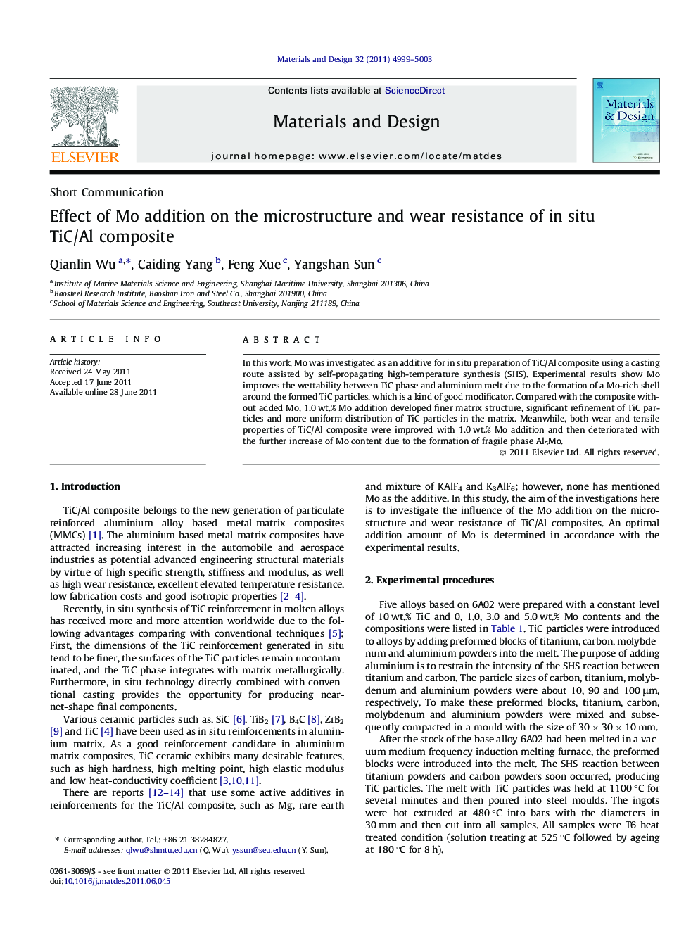 Effect of Mo addition on the microstructure and wear resistance of in situ TiC/Al composite