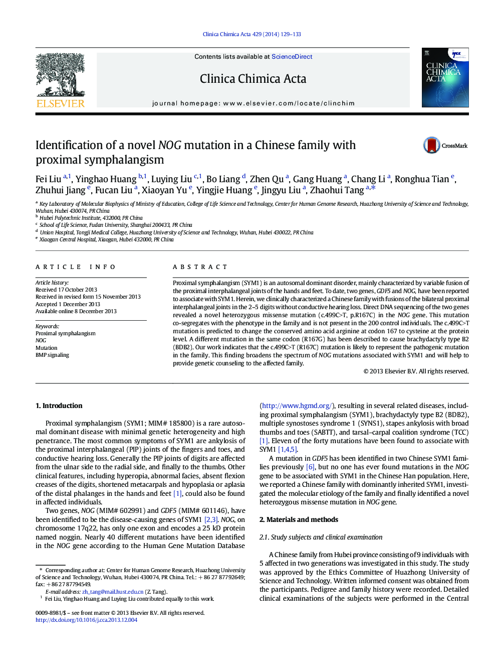 Identification of a novel NOG mutation in a Chinese family with proximal symphalangism